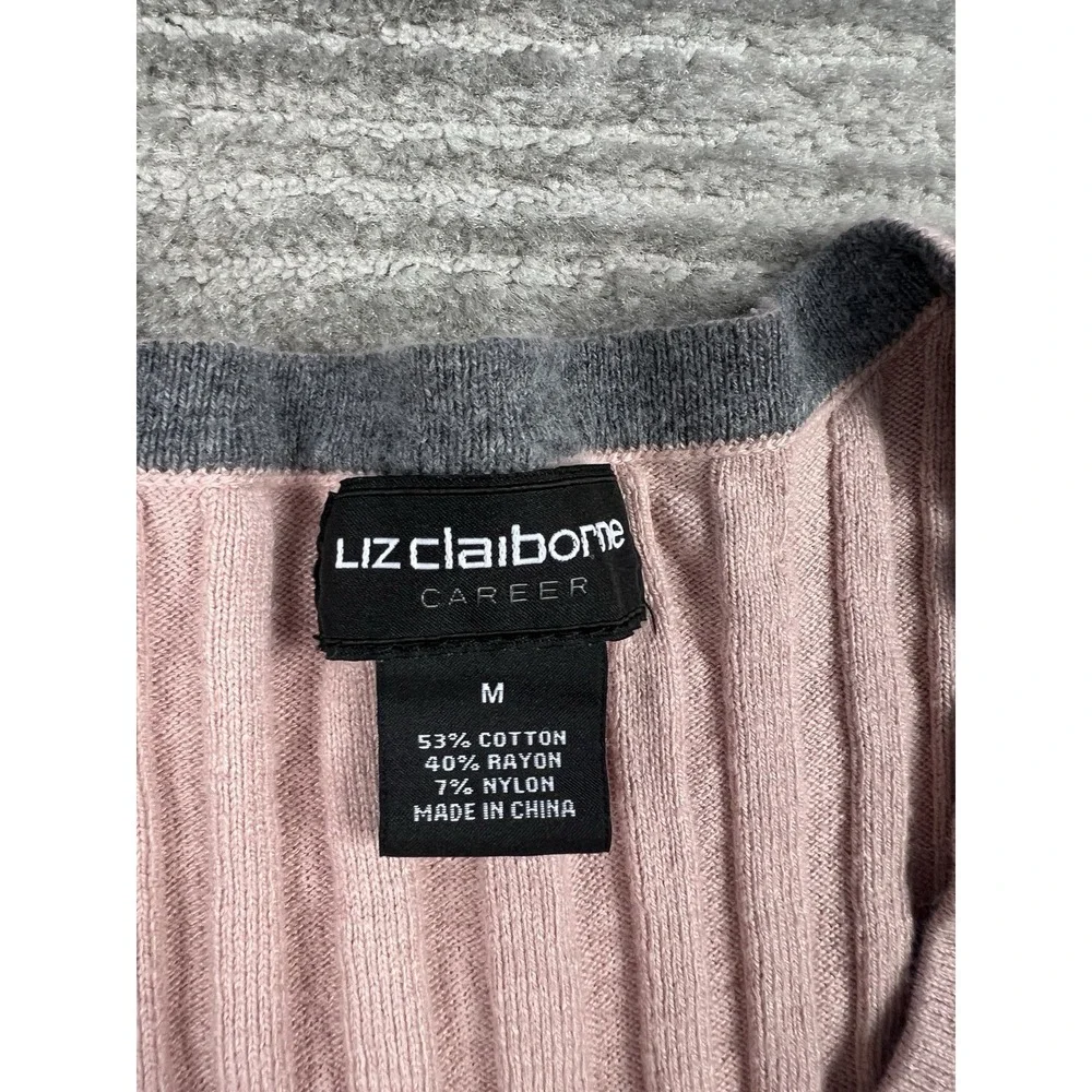 Liz Claiborne Sweater Womens Medium‎ Pink Stretch Longsleeve VNeck Ribbed Career